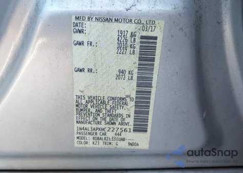 2017 Nissan Altima 2.5 Sl from USA, damaged, VIN 1N4AL3APXHC227561